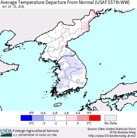 Korea Average Temperature Departure From Normal (USAF 557th WW) Thematic Map For 10/19/2020 - 10/25/2020