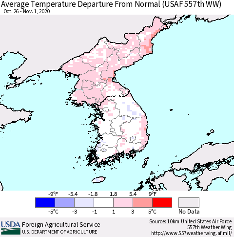 Korea Average Temperature Departure From Normal (USAF 557th WW) Thematic Map For 10/26/2020 - 11/1/2020