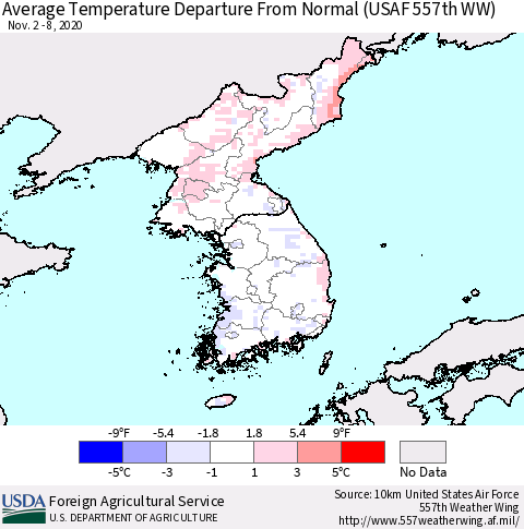Korea Average Temperature Departure From Normal (USAF 557th WW) Thematic Map For 11/2/2020 - 11/8/2020