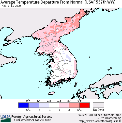 Korea Average Temperature Departure from Normal (USAF 557th WW) Thematic Map For 11/9/2020 - 11/15/2020