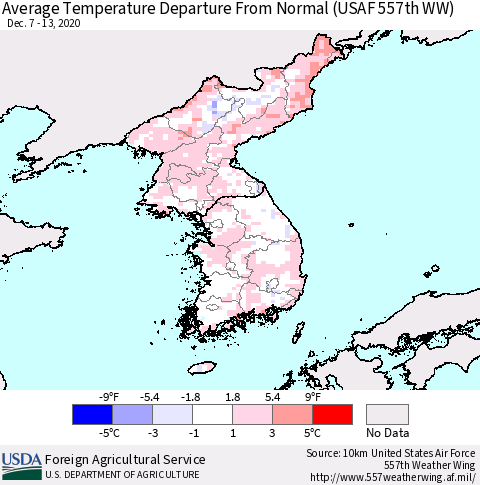 Korea Average Temperature Departure from Normal (USAF 557th WW) Thematic Map For 12/7/2020 - 12/13/2020