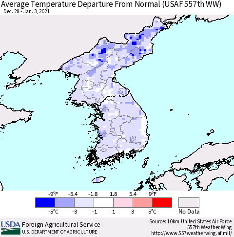 Korea Average Temperature Departure from Normal (USAF 557th WW) Thematic Map For 12/28/2020 - 1/3/2021