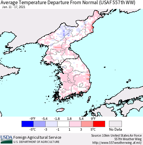 Korea Average Temperature Departure From Normal (USAF 557th WW) Thematic Map For 1/11/2021 - 1/17/2021