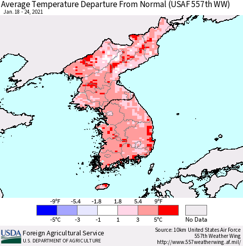 Korea Average Temperature Departure From Normal (USAF 557th WW) Thematic Map For 1/18/2021 - 1/24/2021