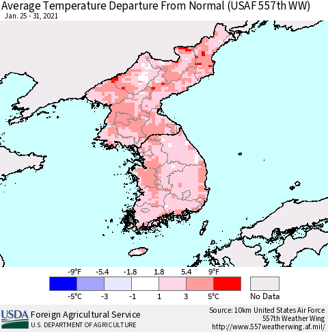 Korea Average Temperature Departure from Normal (USAF 557th WW) Thematic Map For 1/25/2021 - 1/31/2021