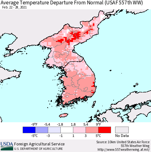 Korea Average Temperature Departure from Normal (USAF 557th WW) Thematic Map For 2/22/2021 - 2/28/2021