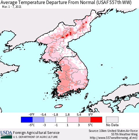 Korea Average Temperature Departure from Normal (USAF 557th WW) Thematic Map For 3/1/2021 - 3/7/2021