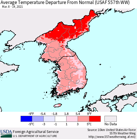Korea Average Temperature Departure from Normal (USAF 557th WW) Thematic Map For 3/8/2021 - 3/14/2021