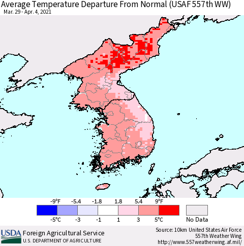 Korea Average Temperature Departure from Normal (USAF 557th WW) Thematic Map For 3/29/2021 - 4/4/2021