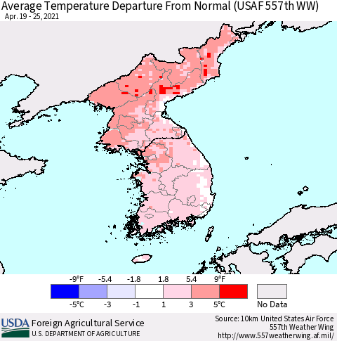 Korea Average Temperature Departure from Normal (USAF 557th WW) Thematic Map For 4/19/2021 - 4/25/2021