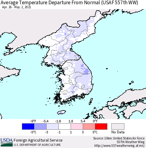 Korea Average Temperature Departure From Normal (USAF 557th WW) Thematic Map For 4/26/2021 - 5/2/2021