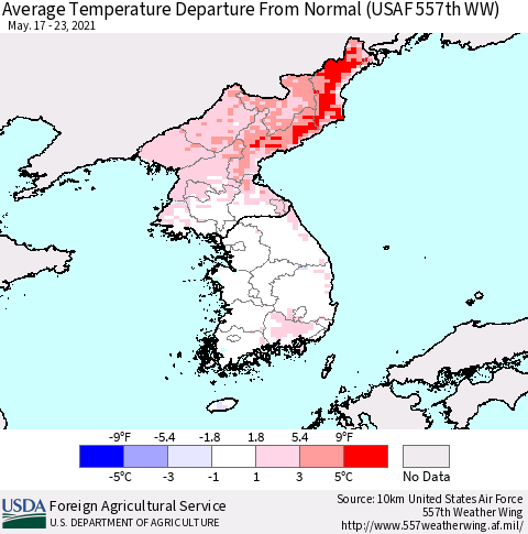 Korea Average Temperature Departure from Normal (USAF 557th WW) Thematic Map For 5/17/2021 - 5/23/2021