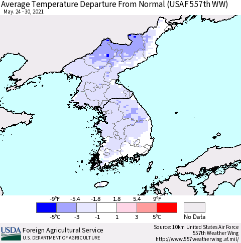 Korea Average Temperature Departure from Normal (USAF 557th WW) Thematic Map For 5/24/2021 - 5/30/2021