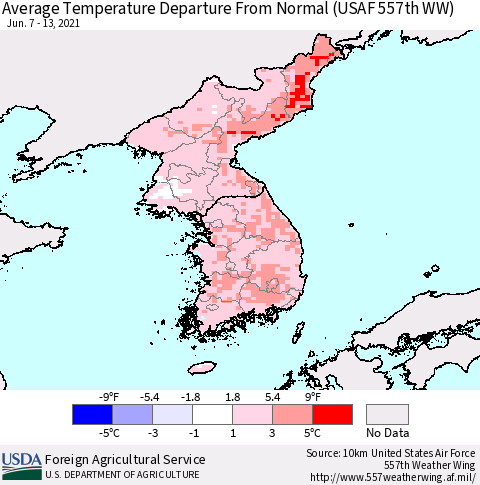 Korea Average Temperature Departure from Normal (USAF 557th WW) Thematic Map For 6/7/2021 - 6/13/2021