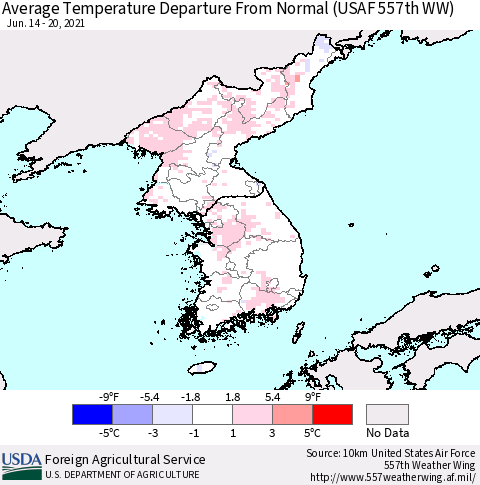 Korea Average Temperature Departure From Normal (USAF 557th WW) Thematic Map For 6/14/2021 - 6/20/2021