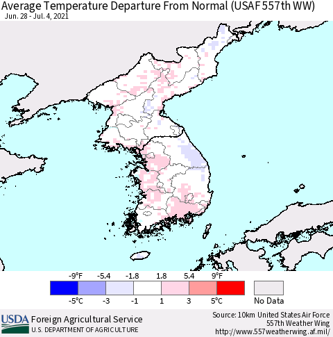 Korea Average Temperature Departure From Normal (USAF 557th WW) Thematic Map For 6/28/2021 - 7/4/2021