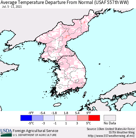 Korea Average Temperature Departure from Normal (USAF 557th WW) Thematic Map For 7/5/2021 - 7/11/2021