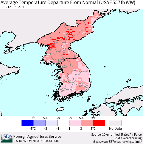 Korea Average Temperature Departure from Normal (USAF 557th WW) Thematic Map For 7/12/2021 - 7/18/2021