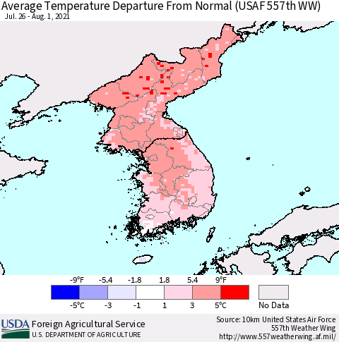 Korea Average Temperature Departure from Normal (USAF 557th WW) Thematic Map For 7/26/2021 - 8/1/2021