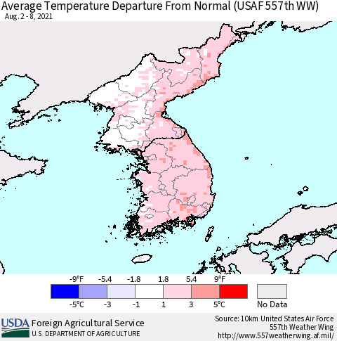 Korea Average Temperature Departure from Normal (USAF 557th WW) Thematic Map For 8/2/2021 - 8/8/2021