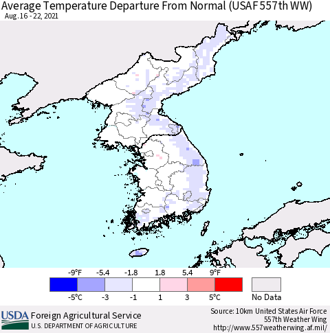 Korea Average Temperature Departure from Normal (USAF 557th WW) Thematic Map For 8/16/2021 - 8/22/2021