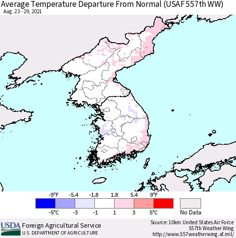 Korea Average Temperature Departure from Normal (USAF 557th WW) Thematic Map For 8/23/2021 - 8/29/2021