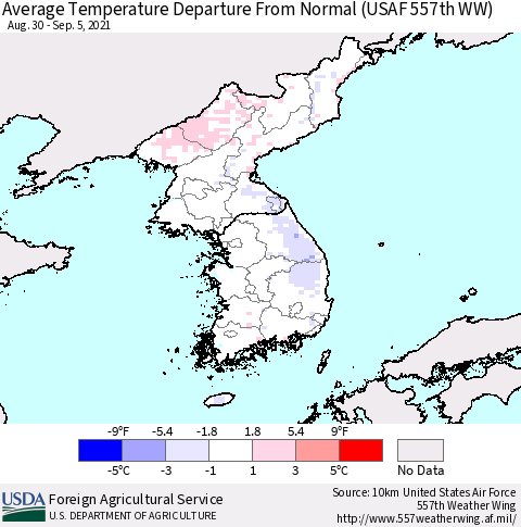 Korea Average Temperature Departure from Normal (USAF 557th WW) Thematic Map For 8/30/2021 - 9/5/2021