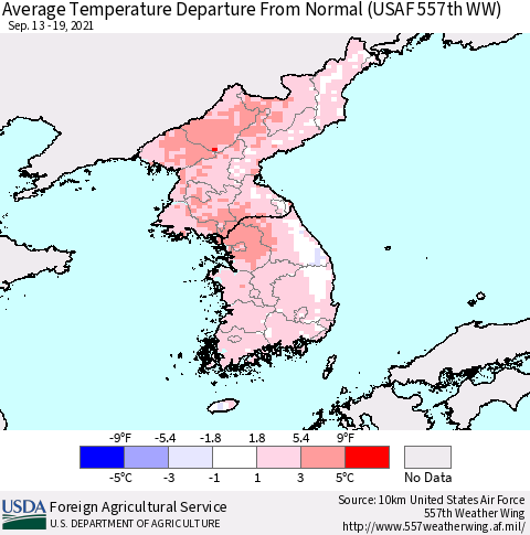Korea Average Temperature Departure from Normal (USAF 557th WW) Thematic Map For 9/13/2021 - 9/19/2021