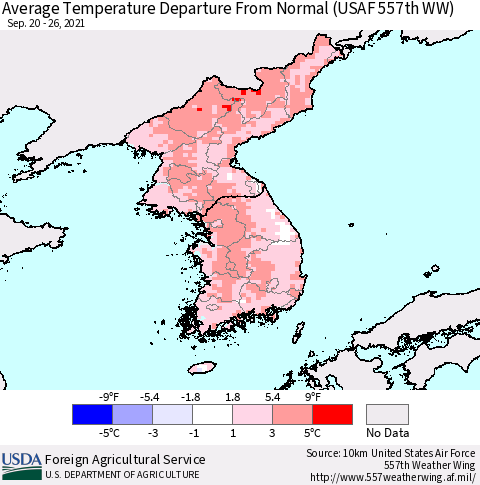 Korea Average Temperature Departure from Normal (USAF 557th WW) Thematic Map For 9/20/2021 - 9/26/2021