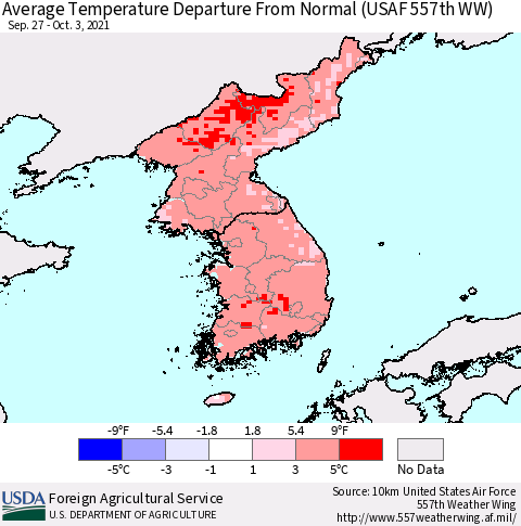 Korea Average Temperature Departure from Normal (USAF 557th WW) Thematic Map For 9/27/2021 - 10/3/2021