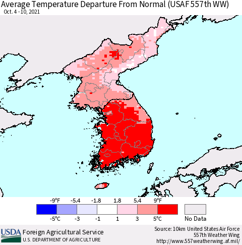 Korea Average Temperature Departure from Normal (USAF 557th WW) Thematic Map For 10/4/2021 - 10/10/2021