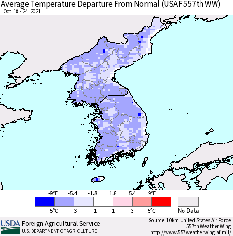 Korea Average Temperature Departure from Normal (USAF 557th WW) Thematic Map For 10/18/2021 - 10/24/2021