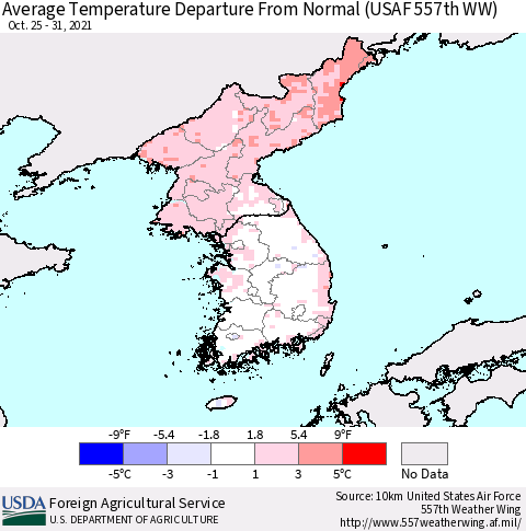 Korea Average Temperature Departure from Normal (USAF 557th WW) Thematic Map For 10/25/2021 - 10/31/2021