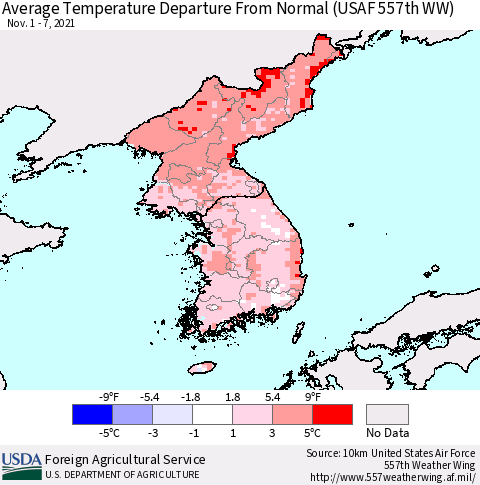 Korea Average Temperature Departure from Normal (USAF 557th WW) Thematic Map For 11/1/2021 - 11/7/2021