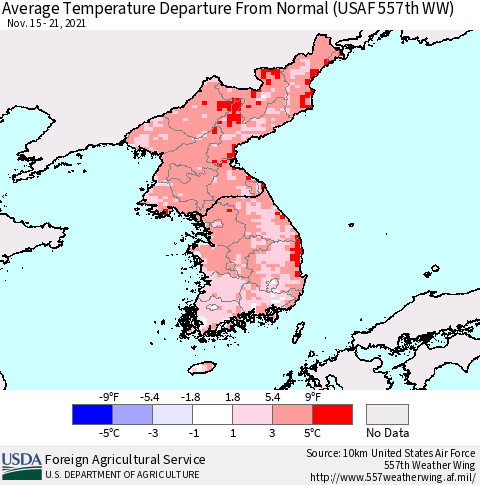 Korea Average Temperature Departure from Normal (USAF 557th WW) Thematic Map For 11/15/2021 - 11/21/2021