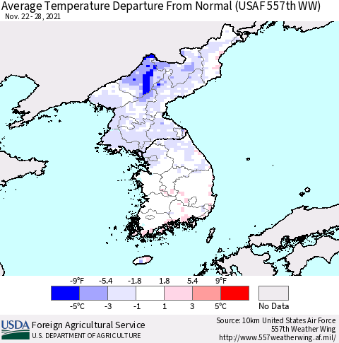 Korea Average Temperature Departure from Normal (USAF 557th WW) Thematic Map For 11/22/2021 - 11/28/2021