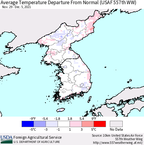 Korea Average Temperature Departure from Normal (USAF 557th WW) Thematic Map For 11/29/2021 - 12/5/2021