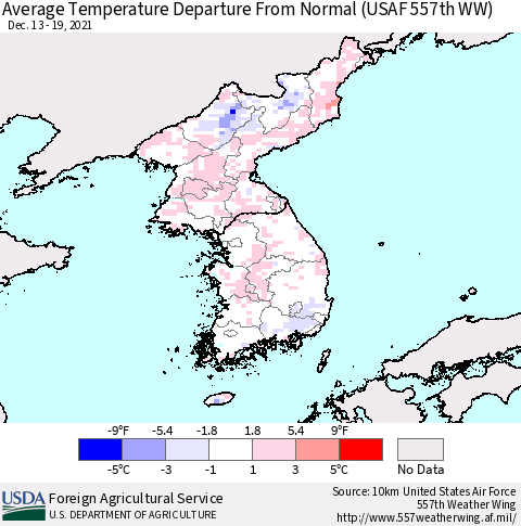 Korea Average Temperature Departure from Normal (USAF 557th WW) Thematic Map For 12/13/2021 - 12/19/2021