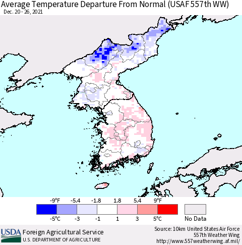 Korea Average Temperature Departure from Normal (USAF 557th WW) Thematic Map For 12/20/2021 - 12/26/2021
