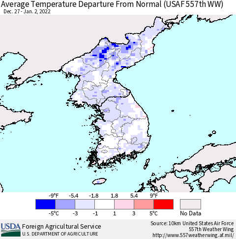 Korea Average Temperature Departure from Normal (USAF 557th WW) Thematic Map For 12/27/2021 - 1/2/2022