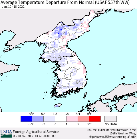 Korea Average Temperature Departure from Normal (USAF 557th WW) Thematic Map For 1/10/2022 - 1/16/2022