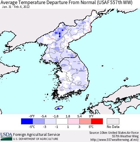Korea Average Temperature Departure from Normal (USAF 557th WW) Thematic Map For 1/31/2022 - 2/6/2022