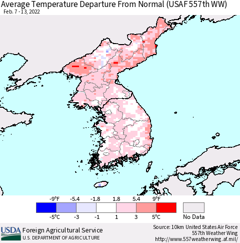Korea Average Temperature Departure from Normal (USAF 557th WW) Thematic Map For 2/7/2022 - 2/13/2022