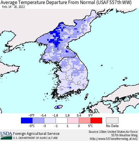 Korea Average Temperature Departure from Normal (USAF 557th WW) Thematic Map For 2/14/2022 - 2/20/2022