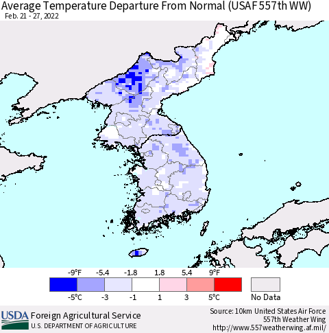 Korea Average Temperature Departure from Normal (USAF 557th WW) Thematic Map For 2/21/2022 - 2/27/2022