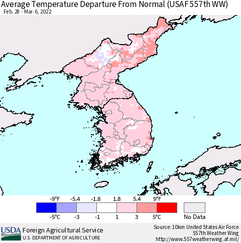Korea Average Temperature Departure from Normal (USAF 557th WW) Thematic Map For 2/28/2022 - 3/6/2022