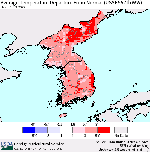Korea Average Temperature Departure from Normal (USAF 557th WW) Thematic Map For 3/7/2022 - 3/13/2022