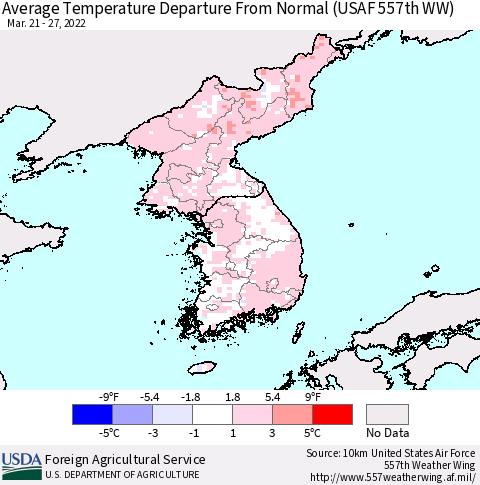 Korea Average Temperature Departure from Normal (USAF 557th WW) Thematic Map For 3/21/2022 - 3/27/2022