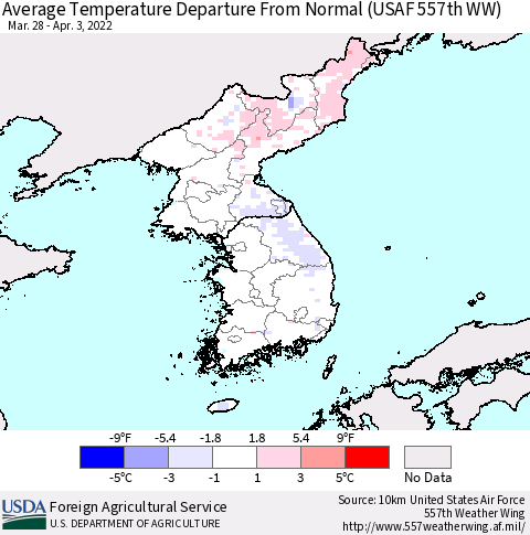 Korea Average Temperature Departure from Normal (USAF 557th WW) Thematic Map For 3/28/2022 - 4/3/2022