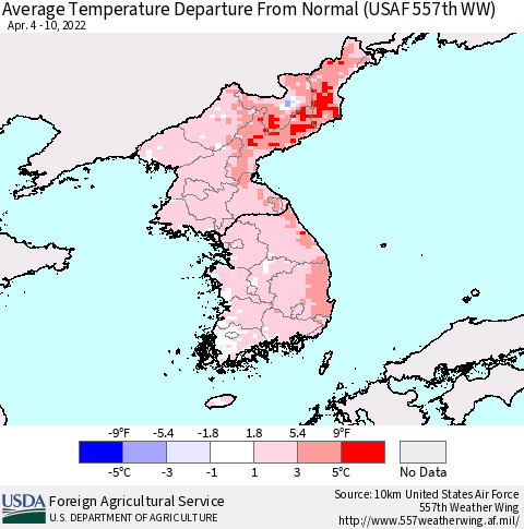 Korea Average Temperature Departure from Normal (USAF 557th WW) Thematic Map For 4/4/2022 - 4/10/2022